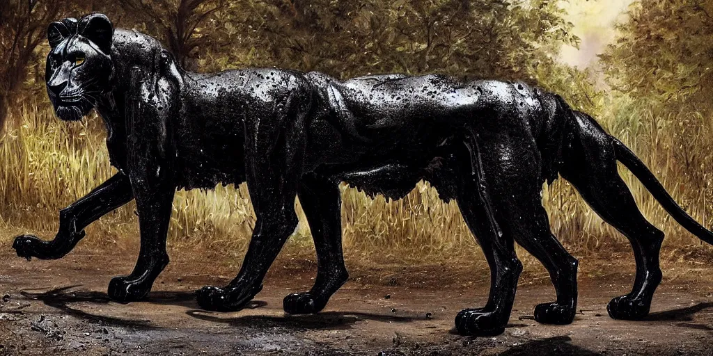 Prompt: the black lioness made of ferrofluid, walking in the suburban neighborhood, dripping tar. painting, environment art, realistic, detailed