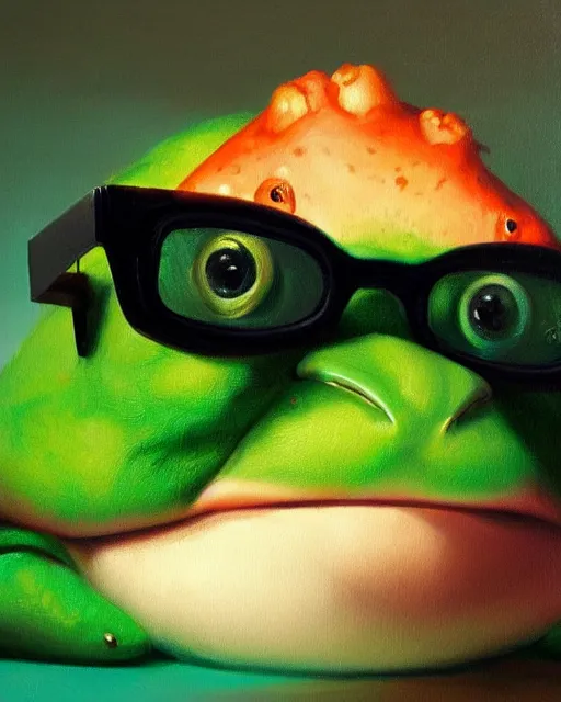 Prompt: hyper realistic oil painting of chubby green toad wearing anachrome 3 d glasses and sitting in the cinema with bucket of popcorn, vibrant colors, high contrast, by greg rutkowski, trending on artstation