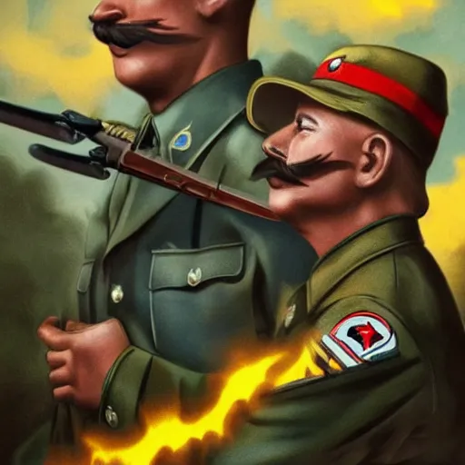 Image similar to ! pikachu! fighting stalin in ww 2 uniform and a mustache, fighting in world war 2, photorealistic, high detail, realistic, sharp focus, smooth edges, soldiers in the background, dramatic, sky on fire with dogfights in the sky. wide angle