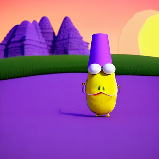 Image similar to 3 d octane render, of an anthropomorphic lemon character inspired by cartoon adventure time, monster. inc, with lemon skin texture, it is wearing a hat, building a sandcastle on the beach at sunset, beach, huge waves, sun, clouds, long violet and green trees, rim light, cinematic photography, professional, sand, sandcastle, volumetric lightening