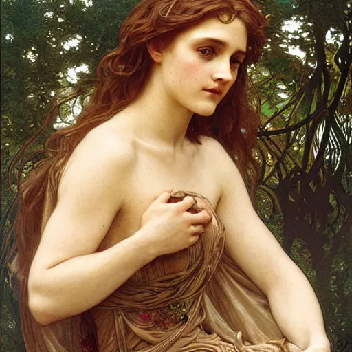 Image similar to detailed portrait art nouveau painting of the goddess of the soil, backlit, who resembles Saoirse Ronan, Kate Moss, and Emma Watson with anxious, piercing eyes, by Alphonse Mucha, Michael Whelan, William Adolphe Bouguereau, John Williams Waterhouse, and Donato Giancola