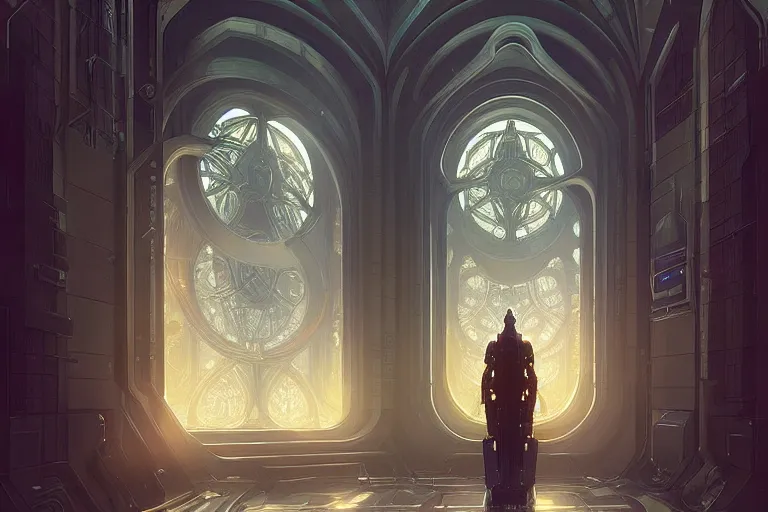 Image similar to a cybernetic room, scifi religious giant window, symmetrical, center punched, Archviz, elegant, intricate, digital painting, artstation, concept art, smooth, sharp focus, illustration, art by artgerm and greg rutkowski and alphonse mucha