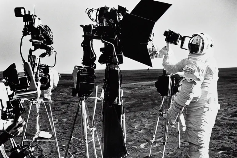 Image similar to Cinematography George Melies directing a shot from the trip to the moon movie. Cinema Camera, camera crew, movie set. Melies. Pathe. by Emmanuel Lubezky