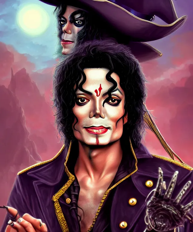 Image similar to fantasy comic style portrait of michael jackson as a pirate, digital illustration by ken taylor and sana takeda, hd, 4 k, intricate, highly detailed!!, character design, cover art, award winning