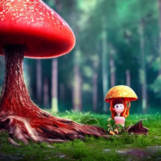 Image similar to beautiful cinematography of a cute fury monster eating lunch sitting on a red mushroom in a fantasy forest with living trees, in the style of a Pixar movie, wide shot, sharp and detailed, Octane render, raytracing, volumetric lighting