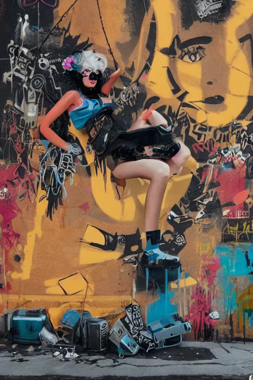 Image similar to punk girl sitting on extreme graffiti tag mural maximalism by atey ghailan, by greg rutkowski, by joe fenton, yellow, brown, black and cyan color scheme, octane render