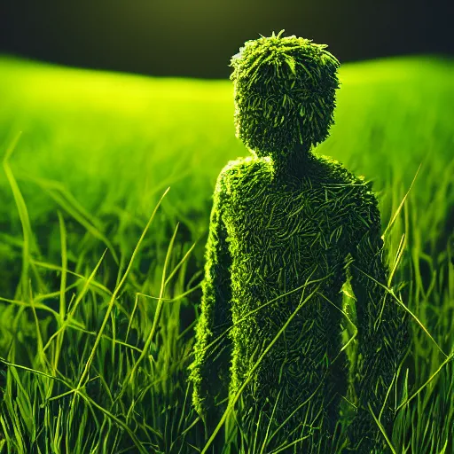 Prompt: professional photo grass man!!! studio lighting, very detailed, unreal engine, canon photo!!!!, professional lighting, good composition, rule of thirds, winning award photo, real, grass man