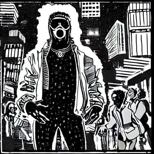 Prompt: afrofuturist man in a crowded busy street wearing a jacket over a jumpsuit, simple, cyberpunk, far shot, full body shot, 1970s comic art style, retrofuturist, drawing