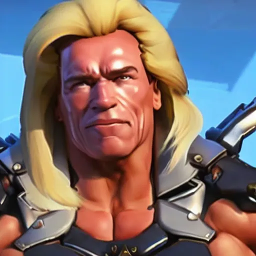 Image similar to a screenshot of arnold schwarzenegger as mercy in overwatch