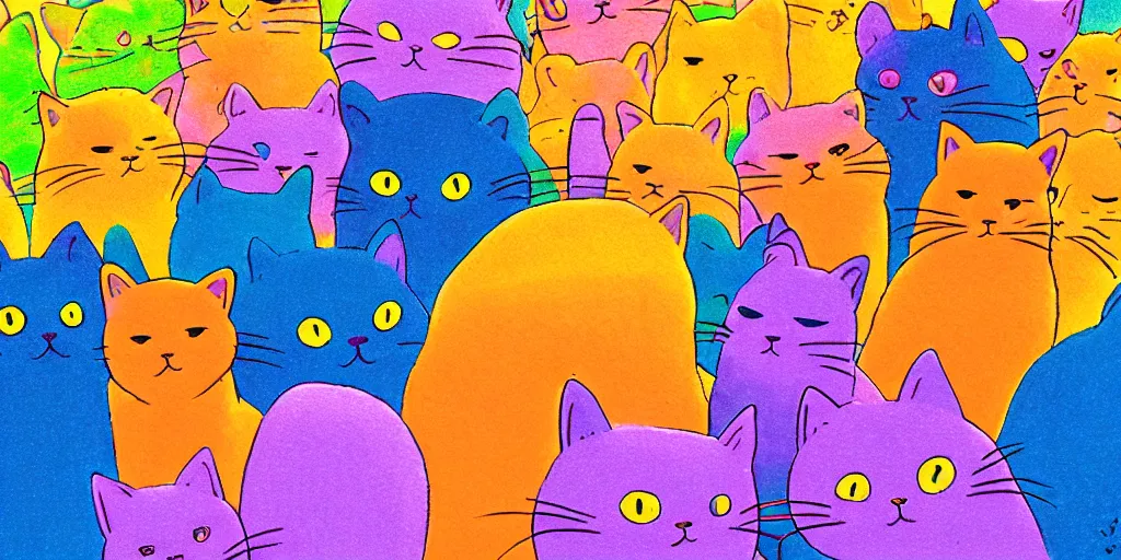 Image similar to a cat speaking to a crowd of cats, by studio ghibli, by lisa frank 8 k pastel colours, isometric, six point perspective, drone shot, smeared watercolours, golden light, film grain