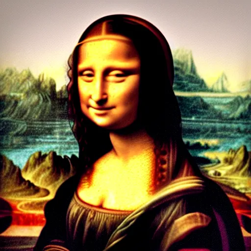 Prompt: the mona lisa with headphones and a phone listening to Lana del rey, photorealistic, high detail