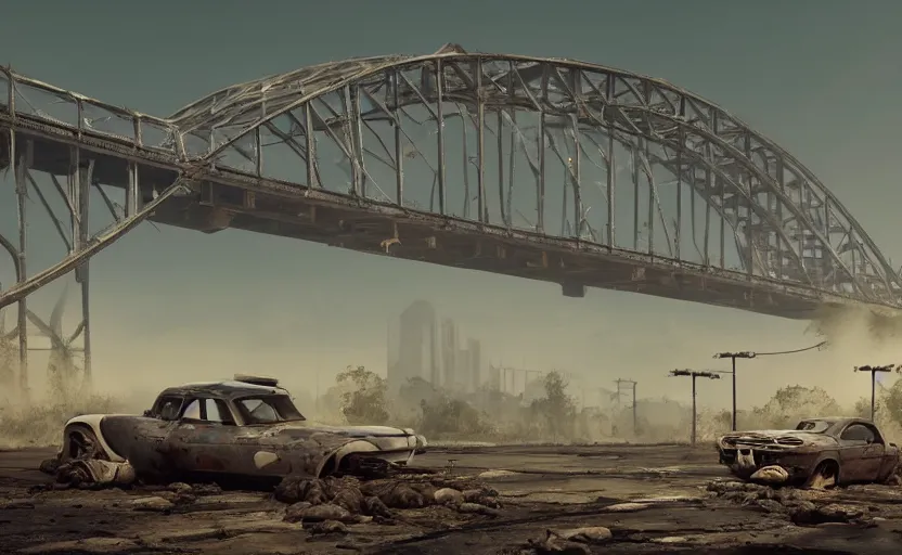 Prompt: explosions in the form of realistic cotton plants cover harbour bridge, smooth, sharp focus, highly detailed, 3 d octane render, epic lighting, dark atmosphere, post apocalyptic, lots of cotton plants, rusty cars, 8 k, by goro fujita