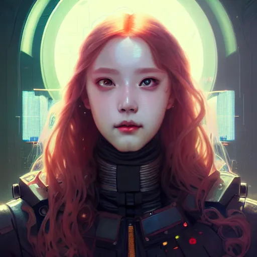 Image similar to portrait painting of cyberpunk chuu loona as a cheerful smiling mercenary, ultra realistic, concept art, intricate details, eerie, highly detailed, photorealistic, octane render, 8 k, unreal engine. art by artgerm and greg rutkowski and magali villeneuve and alphonse mucha