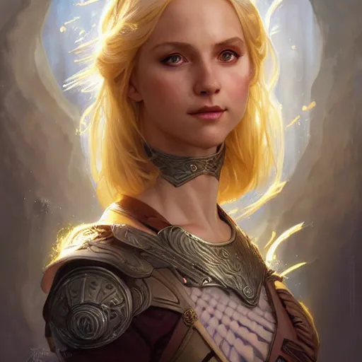 Image similar to an epic fantasy comic book style portrait painting of a young blonde girl thief, d & d, fantasy, joyful smirk, intricate, elegant, highly detailed, digital painting, artstation, concept art, matte, sharp focus, illustration, art by artgerm and greg rutkowski and alphonse mucha