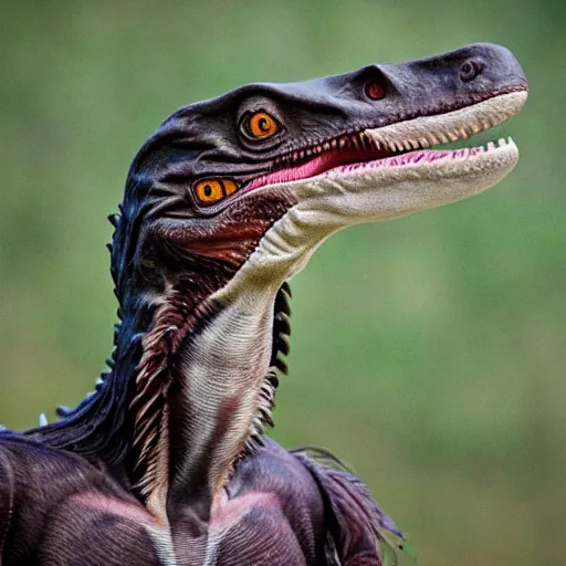 Image similar to a photograph of a velociraptor with feathers