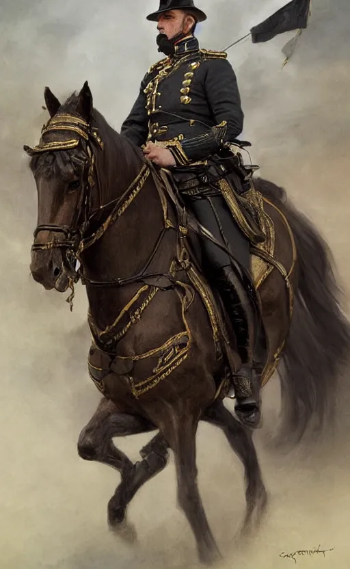 Prompt: portrait of a victorian general on horseback, wearing army uniform, male, detailed face, victorian, highly detailed, cinematic lighting, digital art painting by greg rutkowski