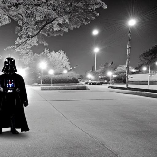 Image similar to darth vader is walking up the front walk of a chicago bungalow at night, menacing.