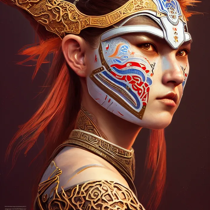 Prompt: symmetry! portrait of a caucasian female warrior, face decorated with chinese opera motifs, leds horizon zero dawn machine, intricate, elegant, highly detailed, digital painting, artstation, concept art, smooth, sharp focus, illustration, art by artgerm and greg rutkowski and alphonse mucha, 8 k