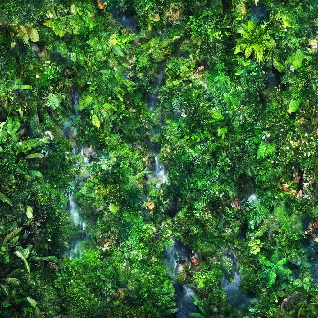 Prompt: a jungle garden in amazon, detailed dreamscape, hyperreal phantastic, drone shot, intricate details in environment, golden ratio, high aestehtic, waterfalls and lakes, cinematic light dramatic light, lightrays, in the style of terrence mallick cinematography, trending on artstation