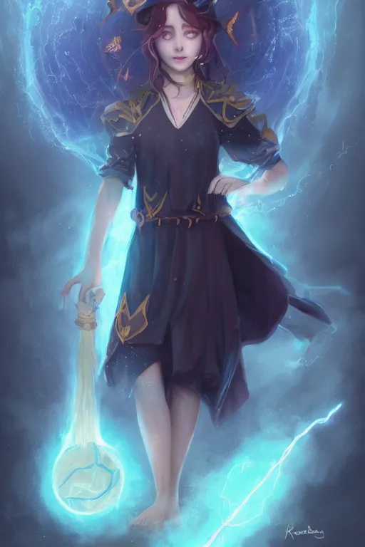Image similar to a cute wizard girl conjuring a lightening ball, character art portrait, anime key visual, official media, illustrated by tom bagshaw, wlop, kentaro miura, extremely detailed, 8 k, trending on artstation, cinematic lighting, beautiful