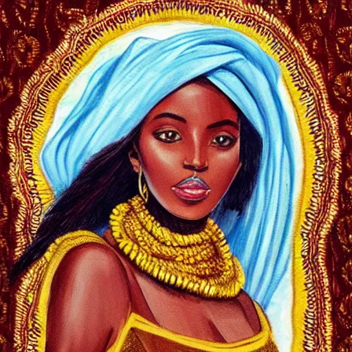 Prompt: brown skinned east african woman, somali attire, impressionist, figurative, intricate details, beautiful woman, dreamy, fashionable, somali fashion