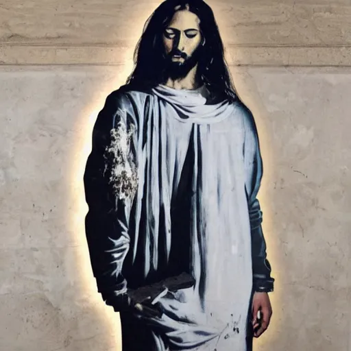 Image similar to jesus in virgil abloh streetwear by nicola samori, off - white style