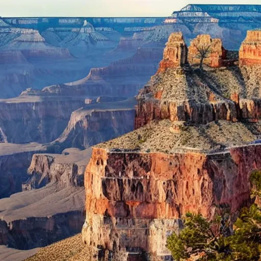 Prompt: photograph of a giant tall stone castle in the Grand Canyon