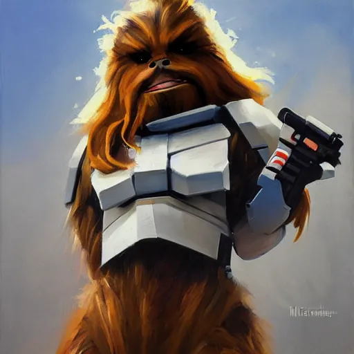 Image similar to greg manchess portrait painting of chewbacca as overwatch character, medium shot, asymmetrical, profile picture, organic painting, sunny day, matte painting, bold shapes, hard edges, street art, trending on artstation, by huang guangjian and gil elvgren and sachin teng