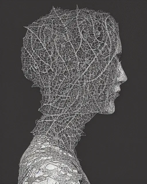 Prompt: a woman's face in profile, made of intricate delicate lace leaf, in the style of the dutch masters and gregory crewdson, dark and moody