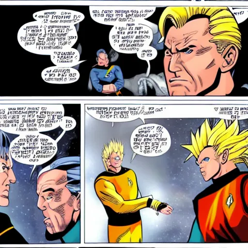 Prompt: captain kirk going super saiyan on star trek comic book