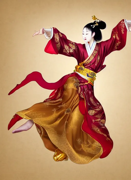 Prompt: full body portrait of a dancer throwing silk belts, feet, barefoot, full body, vivacious, extremely beautiful, gold jewelry, hanfu, chinese ribbon dance, wide ribbons, silk belt, ming dynasty, detailed, realistic face, anatomically accurate, fantasy art, ghostblade, wlop.