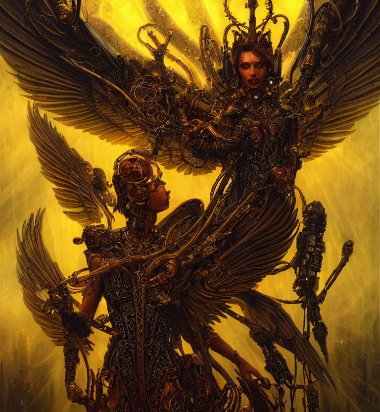 Image similar to a beautiful tarot card artwork of a cyberpunk dark fallen seraphim, backlit, horror, gloomy, highly detailed, golden hour, digital painting, by karol bak and justin gerard and dan mumford and artgerm, vivid colors, masterpiece, detailed shading, 8 k resolution, intricate, smooth