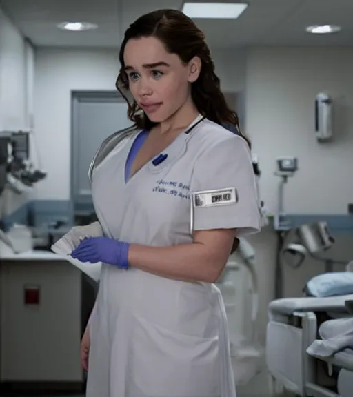 Image similar to emilia clarke as a nurse in a hospital, thicc detailed body, seductive eyes, wall lighting, healthcare setting
