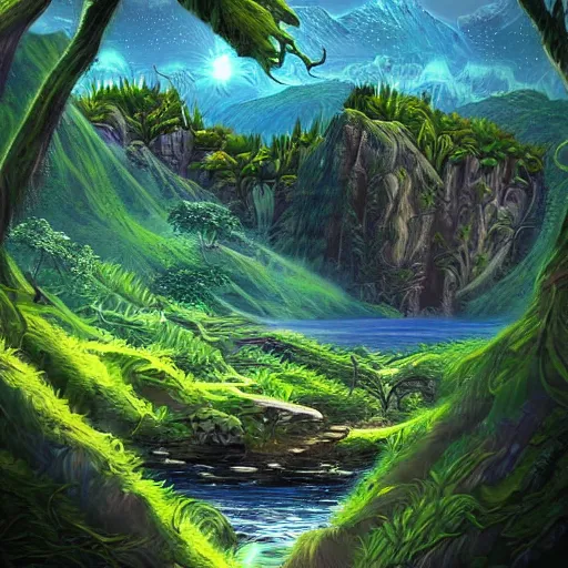 Prompt: beautiful digital artwork of a lush natural scene on an alien planet by lurid ( 2 0 2 2 ). artistic science fiction. extremely detailed. beautiful landscape. weird vegetation. cliffs and water.