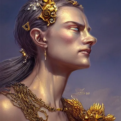 Prompt: gargoyle chaotic expression , cinematic lighting, ultra detailed, sharp focus, golden background with white flowers, golden jewelry with gold chains, super realistic, 8k, art by artgerm and greg rutkowski and zdislav beksinski