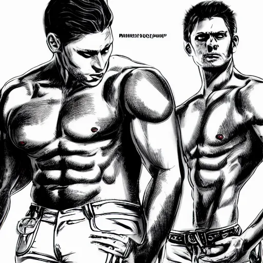 Prompt: Dean Winchester and Sam Winchester as muscular angels at Ram Ranch, cowboys, Tom of Finland, urban fantasy, sharp focus, ultra detailed, artstation