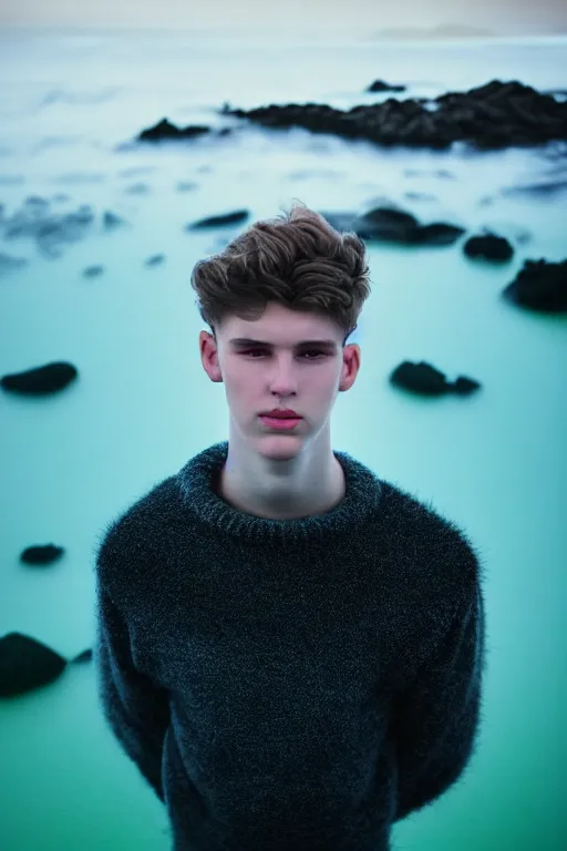 Image similar to high quality pastel coloured film mid angle docu photograph of a beautiful young 2 0 year old male, soft features, short black hair, maximalist clothing, in icelandic black rock pool environment. atmospheric. three point light. photographic. art directed. ( pastel colours ). volumetric light. clearcoat. waves glitch. 8 k. filmic.