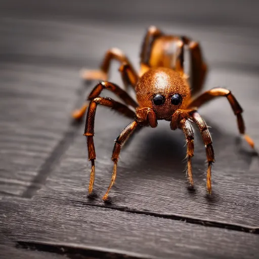 Image similar to a close up shot of a spider attacking a ant on a wooden table, microshot.