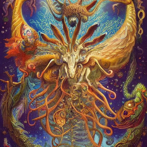 Image similar to strange mythical beasts of whimsy, surreal oil painting by Ronny Khalil , drawn by Ernst Haeckel, as an offering to Zeus