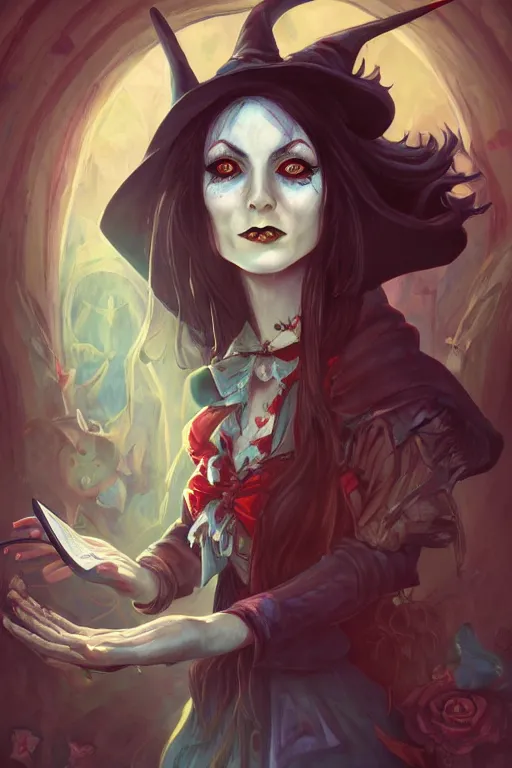 Image similar to portrait of a witch, american mcgee's alice, sharp focus, artstation, trending, by julie dillon, luis melo, tyler miles lockett, lei jin, hong lei, ken wong, adam narozanski, joy ang