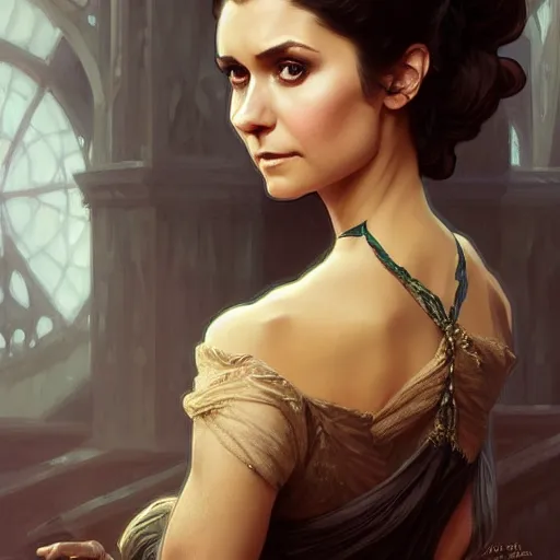 Image similar to Nina Dobrev dressed in a victorian fashion, D&D, fantasy, intricate, elegant, highly detailed, digital painting, artstation, concept art, matte, sharp focus, illustration, art by Artgerm and Greg Rutkowski and Alphonse Mucha