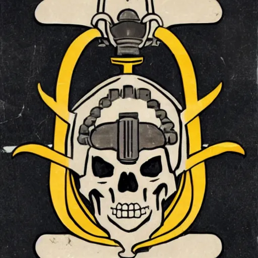 Image similar to an old coat of arms in a 1930s retro futurism style, with bones annd skulls