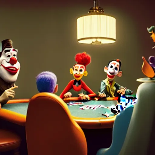 Image similar to pixar clowns playing poker, smiling maniacally | glamorous oily soft polished rich ornate modern | weta disney pixar movie still photo | hi - fructose, sci fi fantasy, smooth, octane render, sharp focus, artstation, concept art | artgerm, mucha, rutkowski, feng zhu, wlop, loish