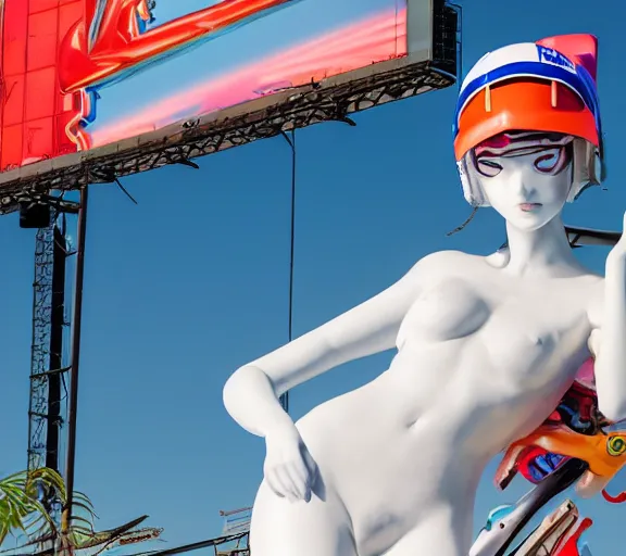 Image similar to billboard advertisement with an extremely beautiful photo of a white marble statue of an anime girl with colorful motocross logos and motorcycle helmet with closed visor, colorful smoke in the background, carved marble statue, fine art, neon genesis evangelion, virgil abloh, offwhite, denoise, highly detailed, 8 k, hyperreal