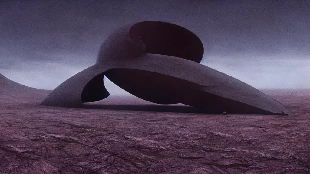 Image similar to movie still of a mysterious spaceship on a distant planet, directed by Denis Villeneuve, with art direction by Zdzisław Beksiński, wide lens