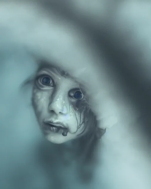 Image similar to detailed eyes, face of an underwater human descendant fishgirl, macro lens, mariana trench, dark, hd, dagon