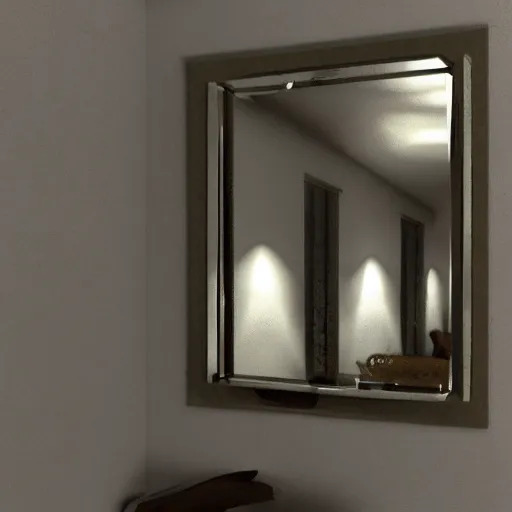 Image similar to a mirror but in the reflection is a fantasy world, dynamic lighting, photorealistic, ambient lighting