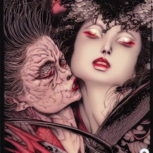 Prompt: closeup of vampire kiss, wax, by yoichi hatakenaka, masamune shirow, josan gonzales and dan mumford, ayami kojima, takato yamamoto, karol bak