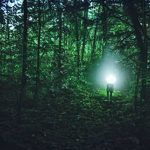 Image similar to nighttime trail-cam photo of an alien in the forest