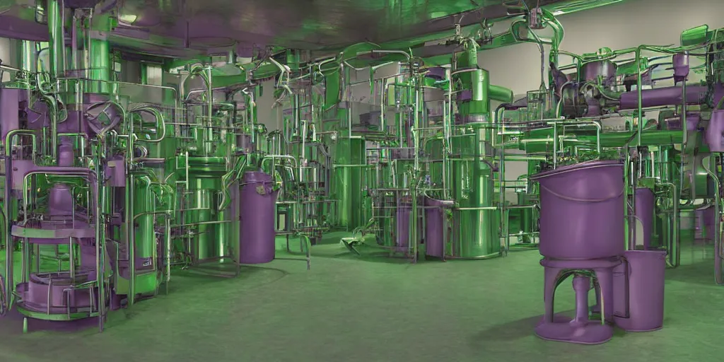 Image similar to machine apparatus for making snake oil, huge copper machine fed by a hopper of purple snakes, green pipework, art by glenn fabry and wayne barlowe, barrels of snake oil in a hermetically sealed production line, artificial lighting, film still from the family medicine depot movie 3 d, 8 k